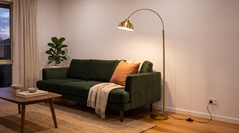 The gold floor lamp: the Orsay arc, brushed brass, and what warm metal does after dark