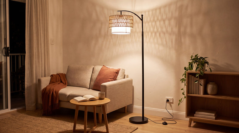Rousseau rattan weave floor lamp beside a two-seater sofa in a compact Australian apartment lounge room at night, its open weave patterning the wall
