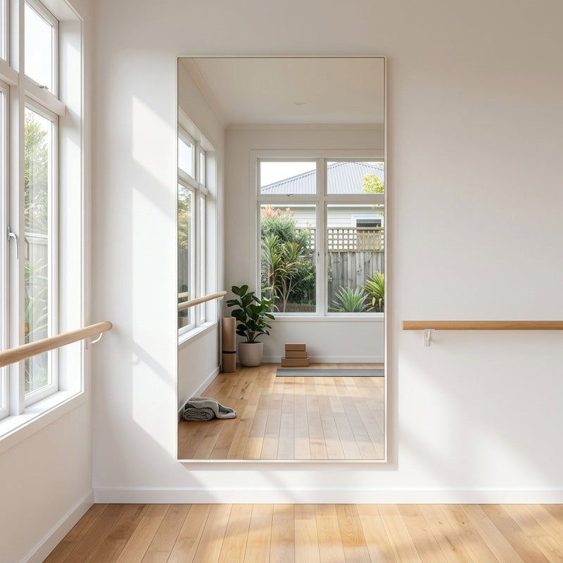 Aldren Alba 200 x 100cm mirror with a white frame hung upright and low on the wall of a bright New Zealand practice room beside a timber barre, reflecting the timber floor and a garden window
