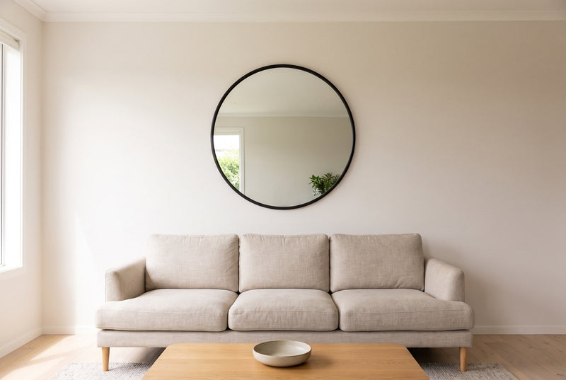 Aure 100cm round mirror with a slim black frame hung centred above an oatmeal linen three seat sofa in a New Zealand living room, with a clear band of wall between the top of the frame and the ceiling