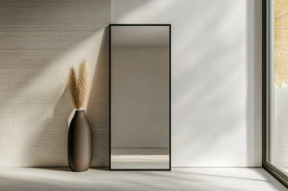 Facet Straight-Edged Full-Length Mirror with sleek black frame, positioned in a modern, minimalist room next to a tall vase filled with dried pampas grass, casting soft natural light from a large window.