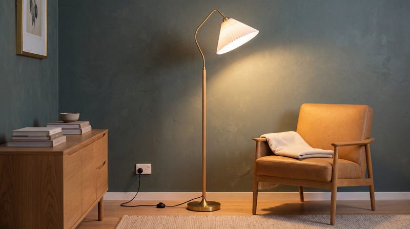Aurelia pleated fabric floor lamp beside a camel leather armchair against a deep green wall in an Australian lounge room at dusk, its pleated shade glowing
