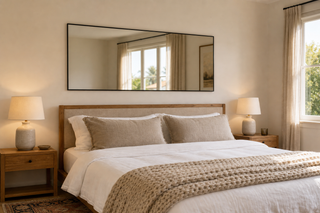 Bedroom wall mirror NZ — landscape Aldren X rectangular mirror mounted safely above a king bed in a calm NZ master bedroom