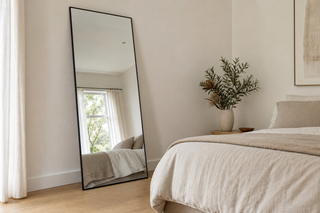 Freestanding mirror NZ — Zenith X rectangular full length leaning mirror in a calm NZ master bedroom