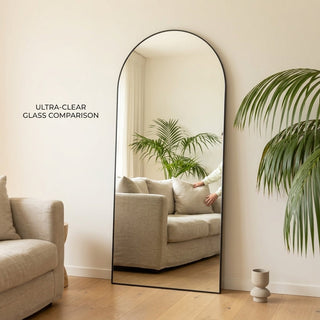 Low iron vs standard glass mirror NZ — Titan X arched full length mirror with a bright true colour reflection in a sunlit Kiwi living room