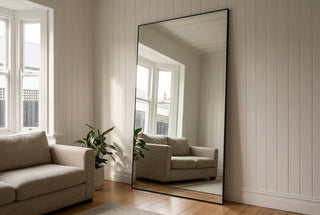 Lowen X rectangular full length mirror 220 x 120cm in 5mm glass reflecting a Christchurch villa living room with perfectly straight lines