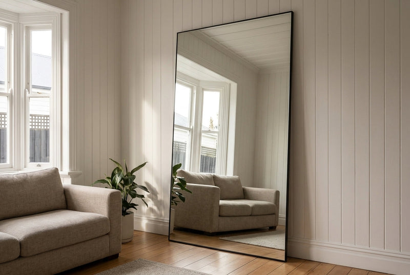 Lowen X rectangular full length mirror 220 x 120cm in 5mm glass reflecting a Christchurch villa living room with perfectly straight lines