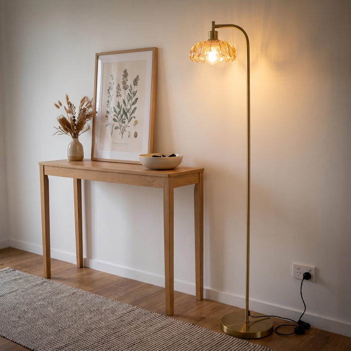 Camille Amber Petal Glass Floor Lamp brightening a stylish entryway beside an oak console