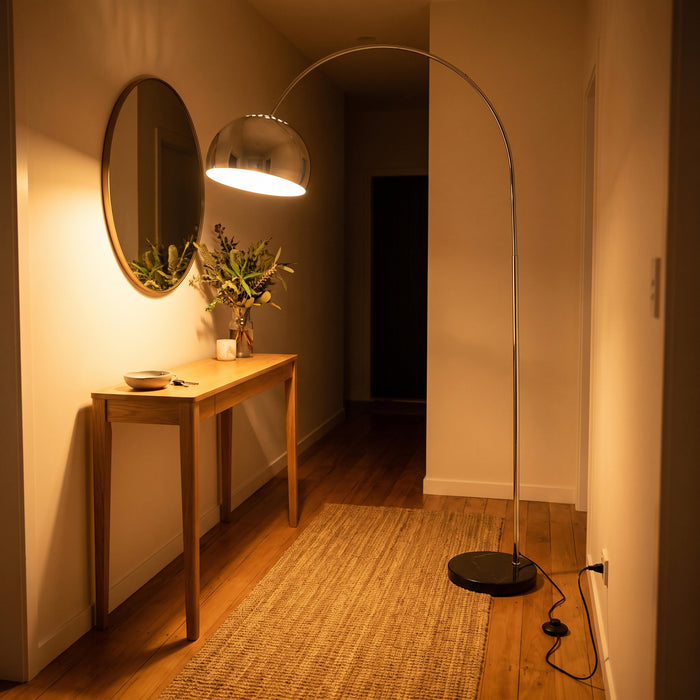 Cosmo Chrome Marble Base Floor Lamp standing tall in a stylish entryway welcoming guests