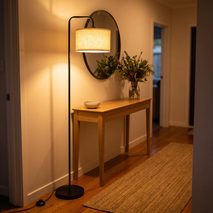Marceau Linen Drum Floor Lamp brightening a stylish entryway beside a console table