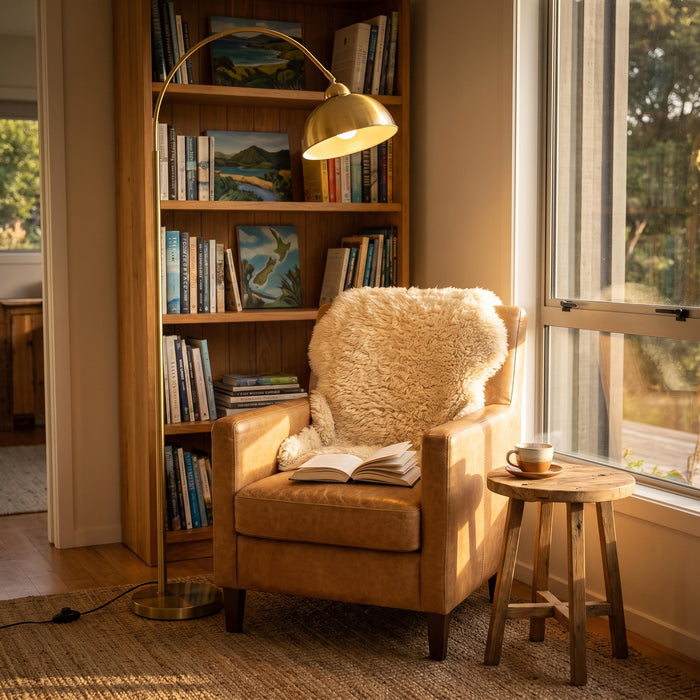 Orsay Gold Arc Floor Lamp arching over an armchair in a relaxed reading corner
