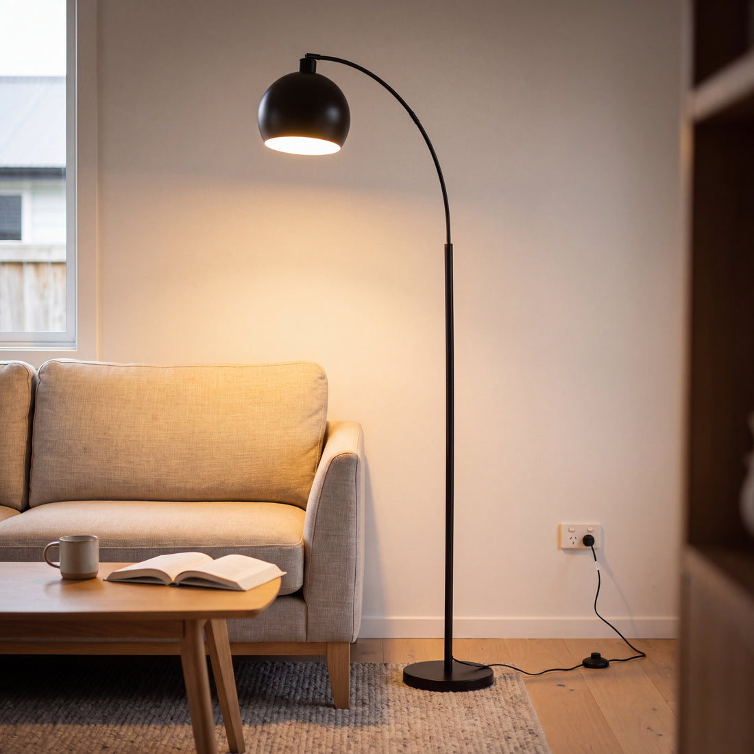 Saturne Black Globe Arc Floor Lamp glowing warm beside a sofa in a New Zealand living room