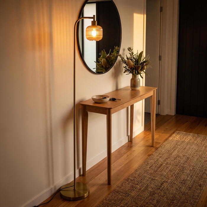 Solara Fluted Lantern Floor Lamp welcoming guests with warm light in a stylish entryway